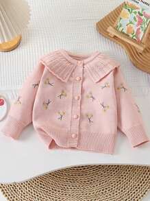 Young Girl Knitted Embroidery Floral Cardigan Sweater With Peter Pan Collar
