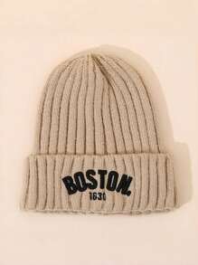 1pc Solid Color Letter Printed Baby Beanie Hat, Vintage Embroidered Boston Warm Knit Cap For Toddler Girl Boy - 1PC - View 8