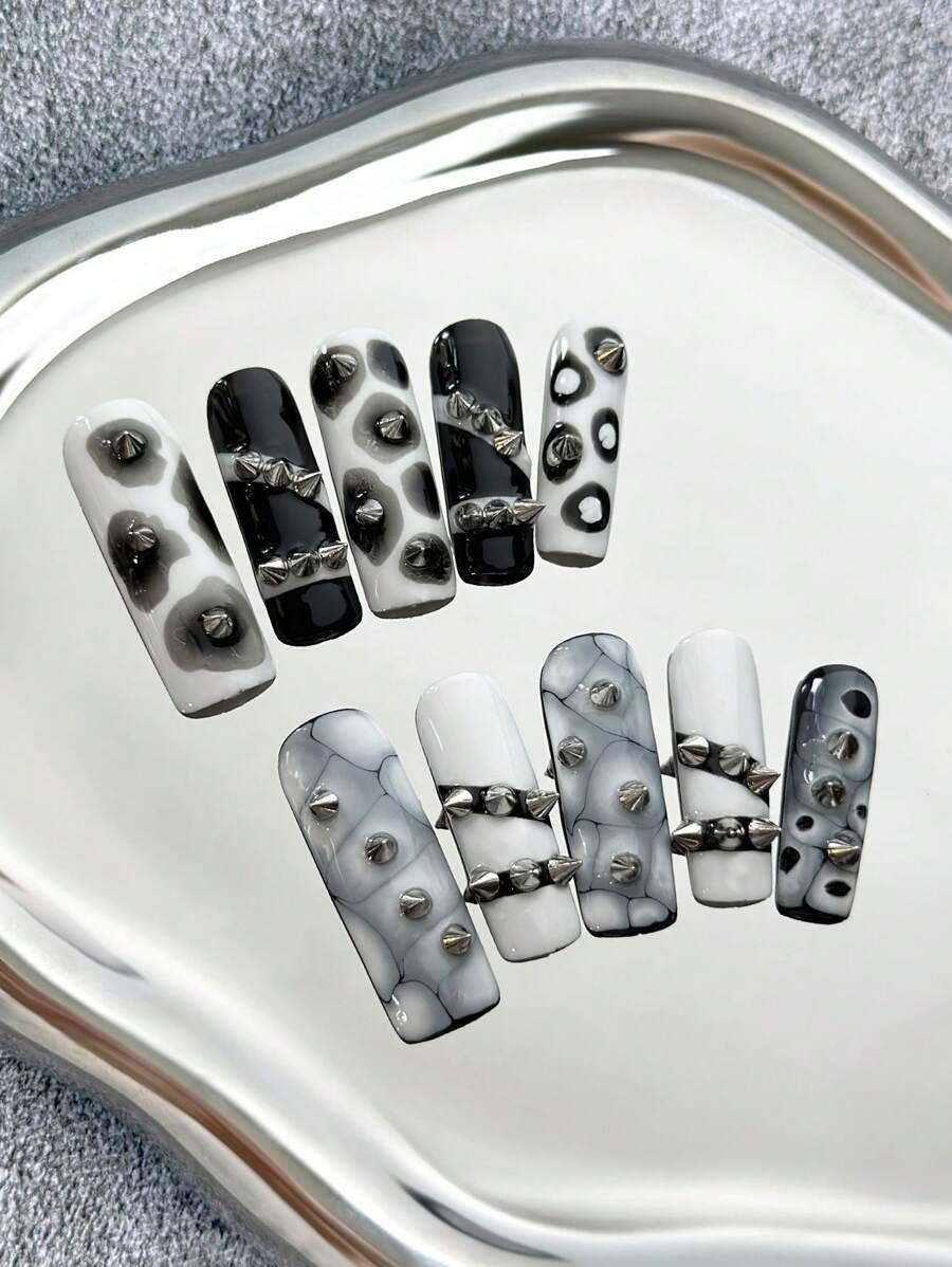 10Pcs/Bag Square Handmade Wear Nail, Multi-Color Nail Plates With Rivets Tie Dye Tie-Dye Pattern Punk Style Design Nail Art, Glossy Artificial Handcraft Diy False Nail For Women Press On Nails Nail Supplies Nails - Multicolor - View 1