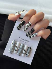 10Pcs/Bag Square Handmade Wear Nail, Multi-Color Nail Plates With Rivets Tie Dye Tie-Dye Pattern Punk Style Design Nail Art, Glossy Artificial Handcraft Diy False Nail For Women Press On Nails Nail Supplies Nails - Multicolor - View 2