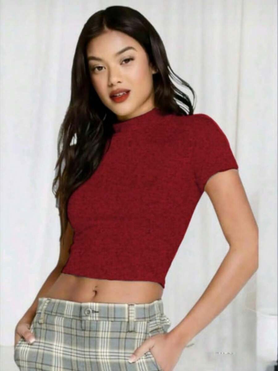 Blusa basica sexy de invierno manga corta - Rojo - Ver 1