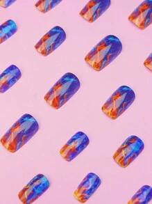 24 件装鲜艳的橙色火焰、紫色扎染和蓝色方形火焰美甲装饰物按压式指甲 - 淺藍色 - 查看 3