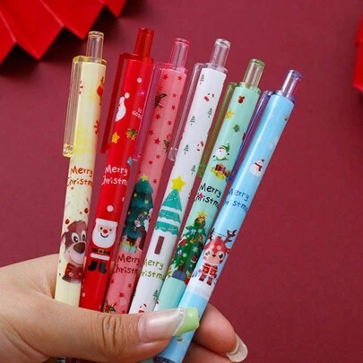 6pcs/Set Random Christmas Themed Creative Push-Button Ballpoint Pens, Office & School Supplies, Black Ink Click Pens, Holiday Gift