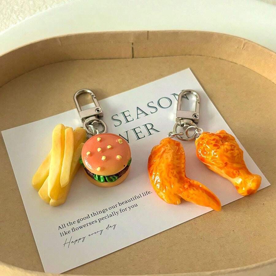 1pc Simulated Mini Burger, Fried Chicken & Sandwich Keychain, Cute & Weird Food Accessory Styles Include Fries, Baked Wings And Bag Pendant Decor - Multicolor - View 1