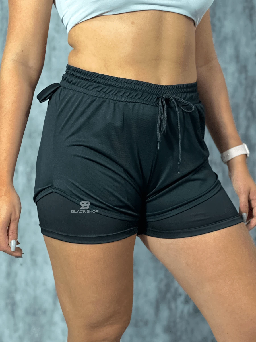 KIT 2 Short Feminino 2 em 1 Bermuda Academia Masculino Corrida Treino Com Elastano - Azul Empoeirado - Visão 5