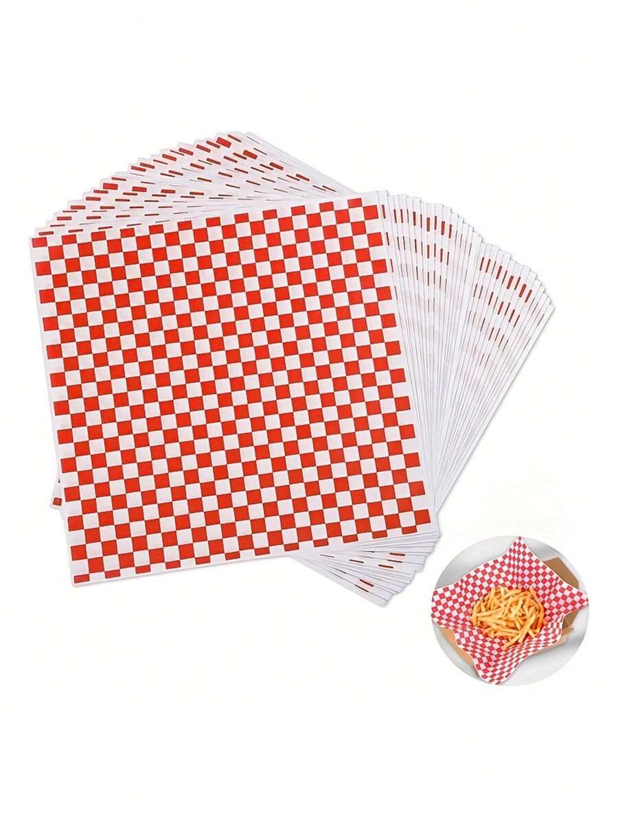 50/100 peças de papel anti-óleo xadrez vermelho para alimentos fritos, papel absorvente de óleo para batatas fritas e bandeja de lanches, papel para alimentos cozidos com cera seca, papel para cesta de alimentos de plástico, papel de cera resistente a óleo para alimentos, pão xadrez clássico, adequado para reuniões, feriados e uso ao ar livre, papel para embalagem de sanduíches - Multicolorido - Ver 1