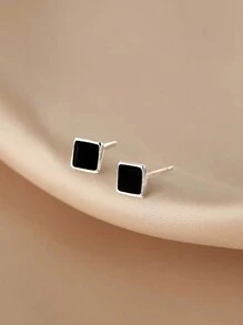 S999 Pure Silver Square Earrings For Women, Black Oil Drop Compact And Delicate Design, Hypoallergenic Suitable For Daily Wear