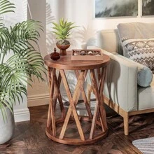 Farmhouse End Table, Rustic Round Side Table With X-Motifs Legs, Wood Textured Top, For Boho, French Country Decor, Brown, White - Brown - View 5