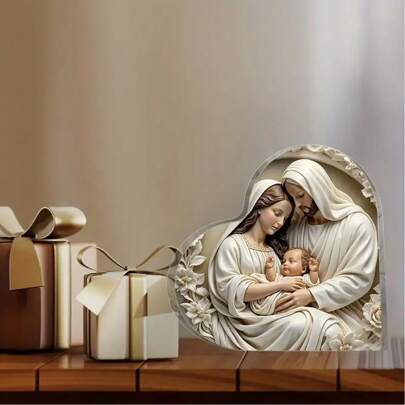 1pc Heart-Shaped Acrylic Jesus Nativity Decoration, Waterproof, Suitable For Living Room, Bedroom, Room Decor, Can Be Given As A Gift To Friends, Christmas Home Decor, Christmas Ornament