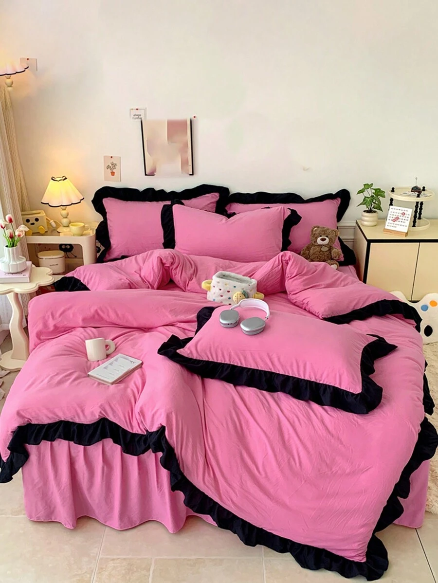 3件套桃红色荷叶边柔软舒适羽绒被套，适合卧室、客房，四季皆宜