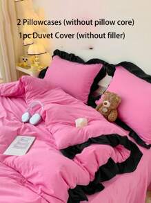 3件套桃红色荷叶边柔软舒适羽绒被套，适合卧室、客房，四季皆宜 - 玫紅色 - 查看 7