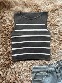 Women Knit Tops Knitting Vest - 灰色 - 查看 1