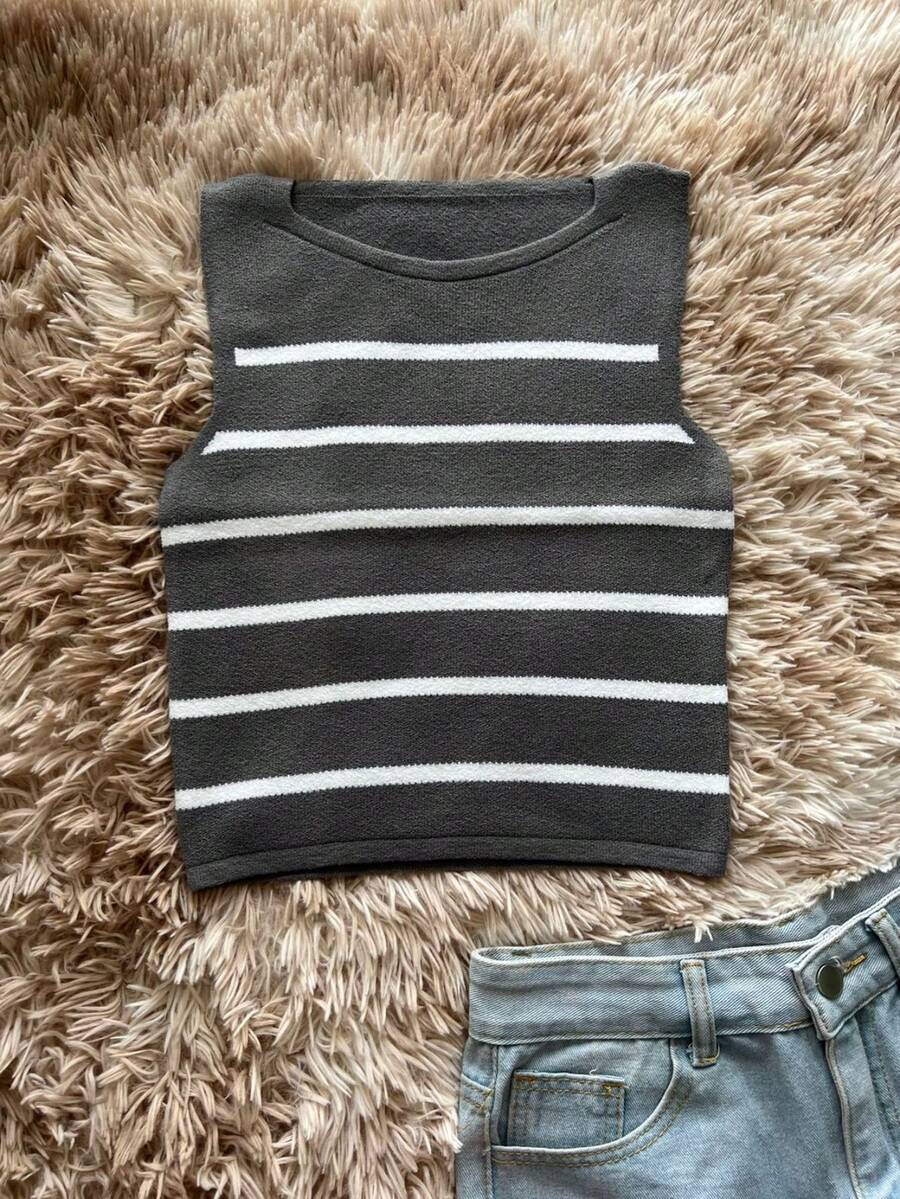 Women Knit Tops Knitting Vest - 灰色 - 查看 1