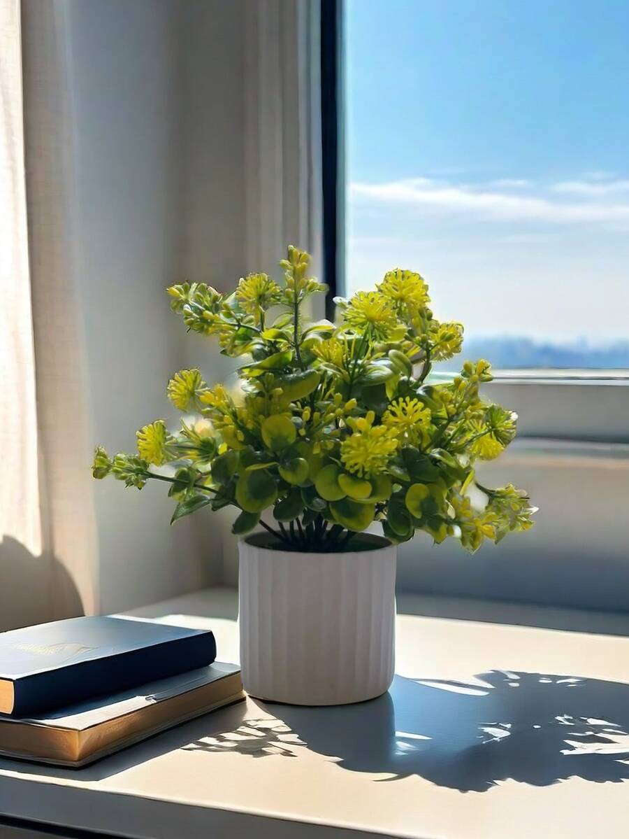 1株22.5厘米人造绿色植物，带双叉、球状物和浆果，双色草叶搭配白色花盆，适合客厅、办公室、书桌装饰。 - 彩色 - 查看 1