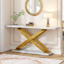 Table console moderne Tribesigns de 55 pouces, table d'entrée en faux marbre doré derrière un canapé, table étroite et rectangulaire pour salon, chambre, hall d'entrée, couloir, doré et blanc - Blanc - Voir 3