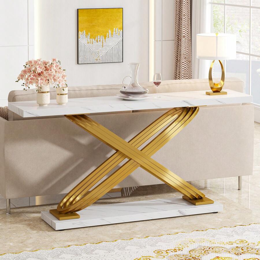 Table console moderne Tribesigns de 55 pouces, table d'entrée en faux marbre doré derrière un canapé, table étroite et rectangulaire pour salon, chambre, hall d'entrée, couloir, doré et blanc - Blanc - Voir 1