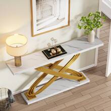 Table console moderne Tribesigns de 55 pouces, table d'entrée en faux marbre doré derrière un canapé, table étroite et rectangulaire pour salon, chambre, hall d'entrée, couloir, doré et blanc - Blanc - Voir 8