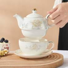 1 pieza Tetera, cafetera, taza y plato de cerámica vintage elegante, 7 estilos, exquisito juego de té de la tarde o café, juego de té elegante para dama, para uso doméstico/fiesta/comida/té de la tarde, Acción de Gracias/Navidad/, para exteriores, camping - multicolor - Ver 6