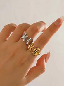 1pc Fashionable Oil Pressure Style Gold-Plated Stainless Steel Starfish & Seashell Design Adjustable Ring, Suitable For Daily Wear And Beach Jewelry Gifts For Women