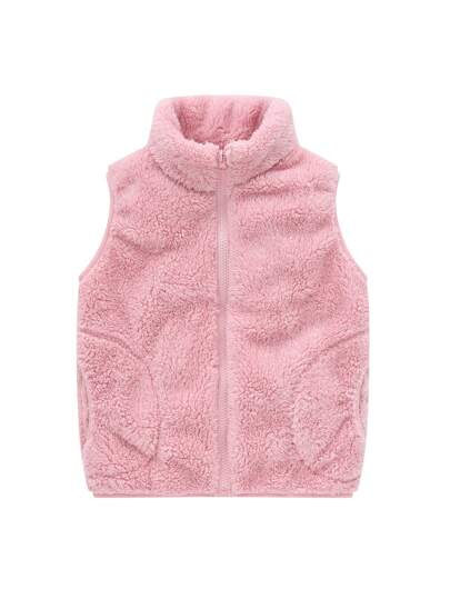 1 件年轻女孩休闲简约甜美运动可爱羊毛保暖防风无袖开衫夹克，秋冬