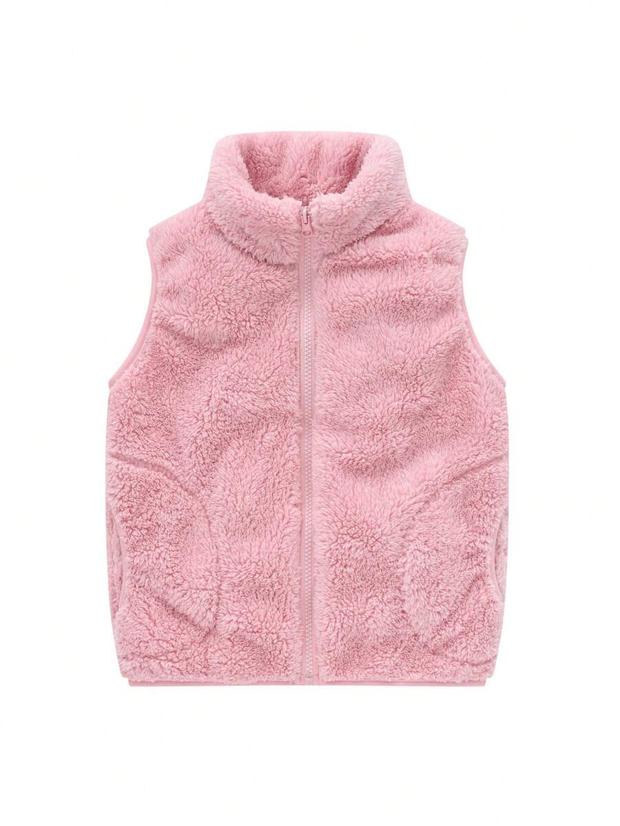 1 件年轻女孩休闲简约甜美运动可爱羊毛保暖防风无袖开衫夹克，秋冬