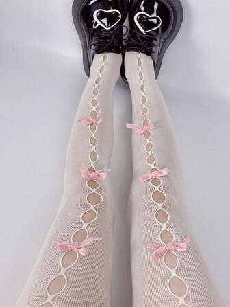 1 Pair Y2K Lolita Red Bow Tie Ripped Hollow Fishnet Thigh High Stockings For JK Girl