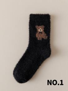 1/3 pares de calcetines de equipo forrados térmicos con estampado de oso de peluche de colores aleatorios para mujer
