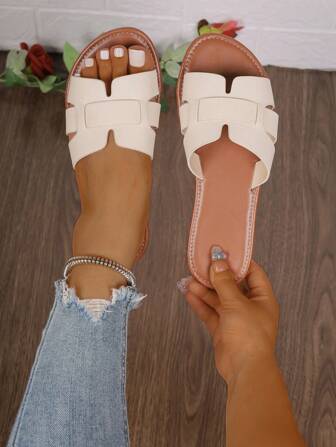 Wide Fit Korean Style Casual Open Toe Flat Slide Sandals, Spring Summer New Woven Roman Beach Slippers For Women