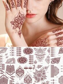 210X150MM 1 Sheets India Mehndi Design Brown Red Maroon Tattoo Stickers, Temporary Tattoos For Women, Waterproof Body Art Stickers, Hand Painted Henna Design, Long Lasting Fake Tattoos For Fingers And Back Of The Hand - 1pc Oblong Shape