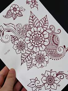 210X150MM 1 Sheets India Mehndi Design Brown Red Maroon Tattoo Stickers, Temporary Tattoos For Women, Waterproof Body Art Stickers, Hand Painted Henna Design, Long Lasting Fake Tattoos For Fingers And Back Of The Hand - 1pc Oblong Shape