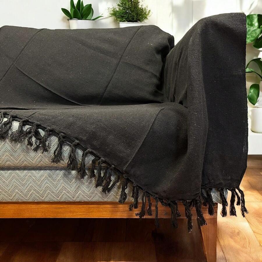 Sofa Blanket Protective And Decorative 100% Cotton Bedspread Covered Giant Bed Handmade Loom 1.80 X 2.40 - Đen - Xem 1