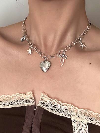 1件可爱爱心、蝴蝶结、海星、雏菊、星星吊坠项链，适合女性日常佩戴、作为礼物或时尚配饰