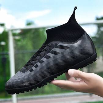 1 双男式高帮足球鞋，透气户外团队比赛运动鞋，防滑耐磨 TF 鞋钉，适合成人、学生、青少年，加大码，系带，适合人造草皮训练，PU 皮革女式足球鞋