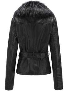 Borg Collar Belted PU Leather Biker Jacket - Black - View 3