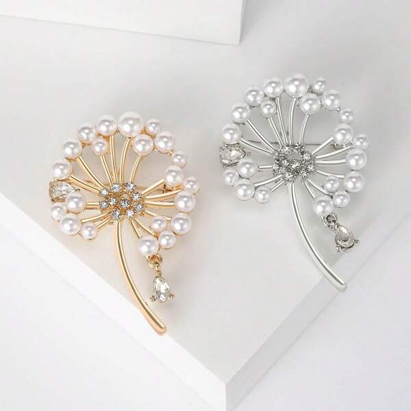 1pc Fashionable Dandelion And Pearl Flower Lapel Pin, Minimalist Scarf Accessory