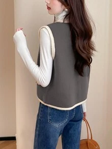 Alicedudu Women Contrast Trim V-Neck Sweater Vest, Spring/Autumn - Grey - View 2