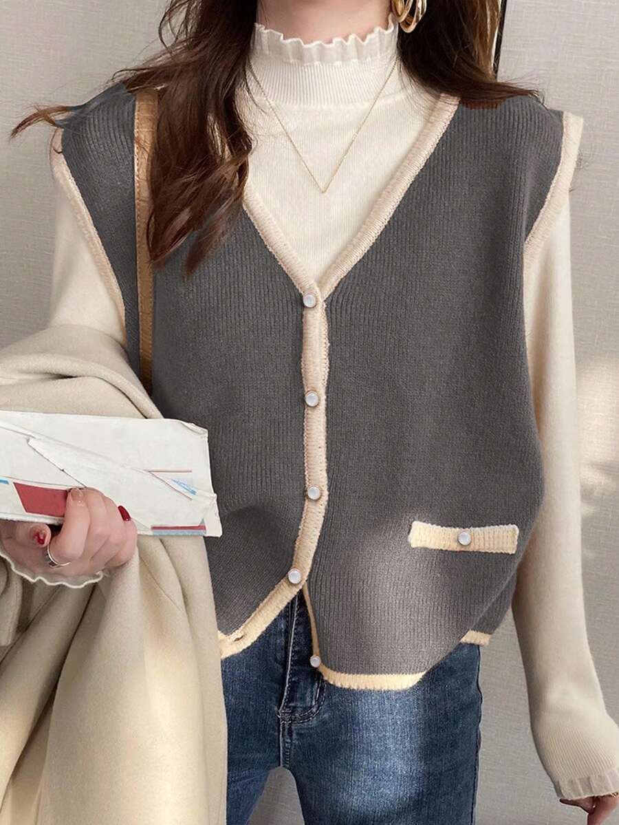 Alicedudu Women Contrast Trim V-Neck Sweater Vest, Spring/Autumn - Grey - View 1