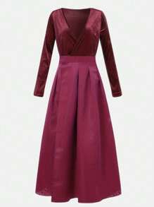 Vestido largo de manga larga con bolsillo, abertura alta y paneles de terciopelo y satén con escote en V profundo. Vestido elegante de cóctel y semiformal para fiestas, bodas, graduaciones, cenas, homecoming
