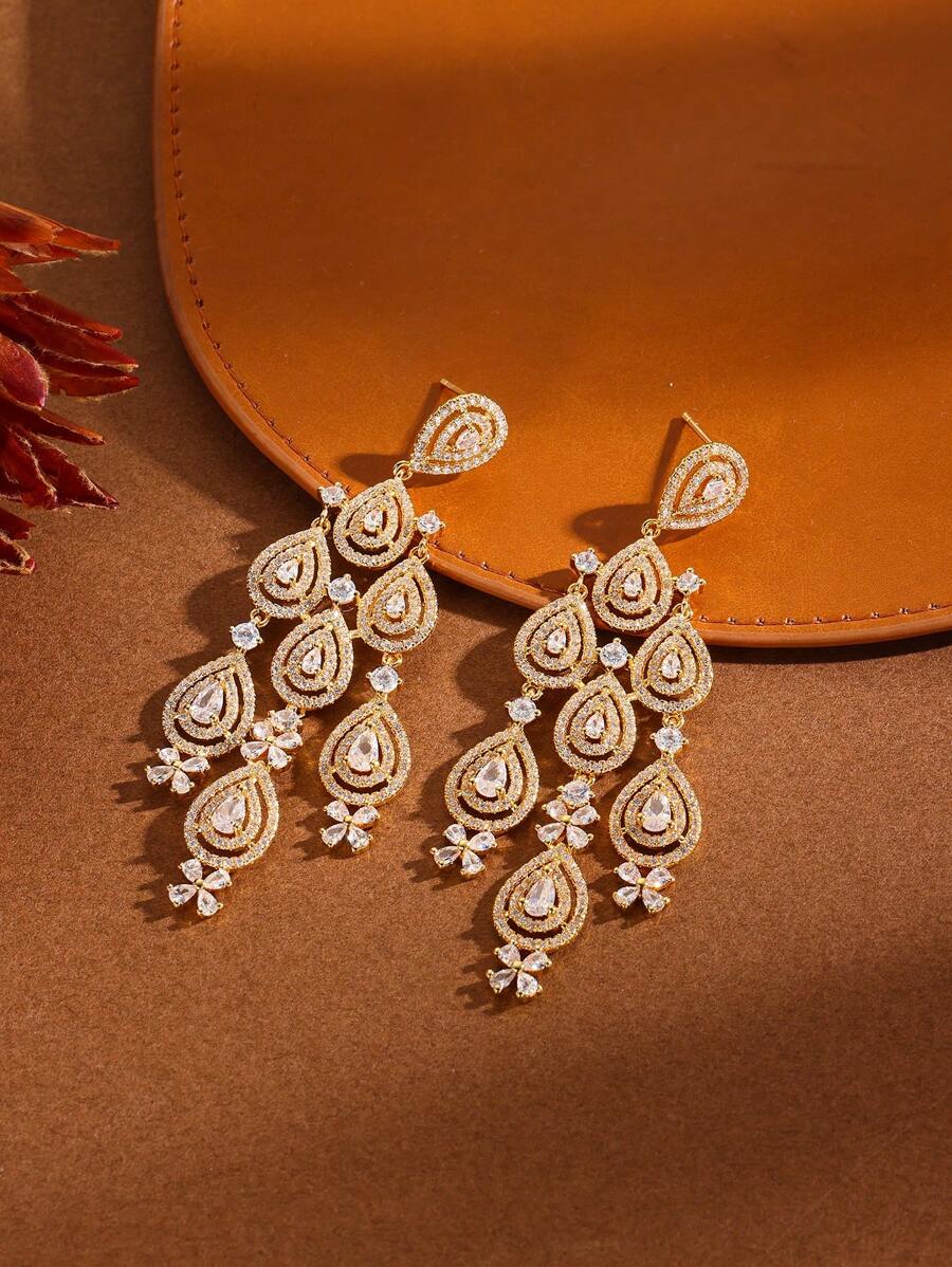 1 Pair Luxury CZ Teardrop Tassel Dangle Earrings For Women Wedding Party