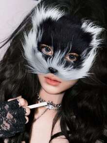 1 chiếc mặt nạ nửa mặt mèo nhồi bông trang phục hóa trang Halloween trang trí tiệc Giáng sinh - Đen và trắng - Xem 6