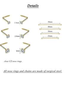 AVYRING 9 件 DIY 18/20 克钻石 CZ 鼻环 1.5 毫米 2.5 毫米 3 毫米 CZ 鼻钉带链不锈钢鼻穿孔饰品鼻环耳钉银金色 - 多色3 - 查看 4