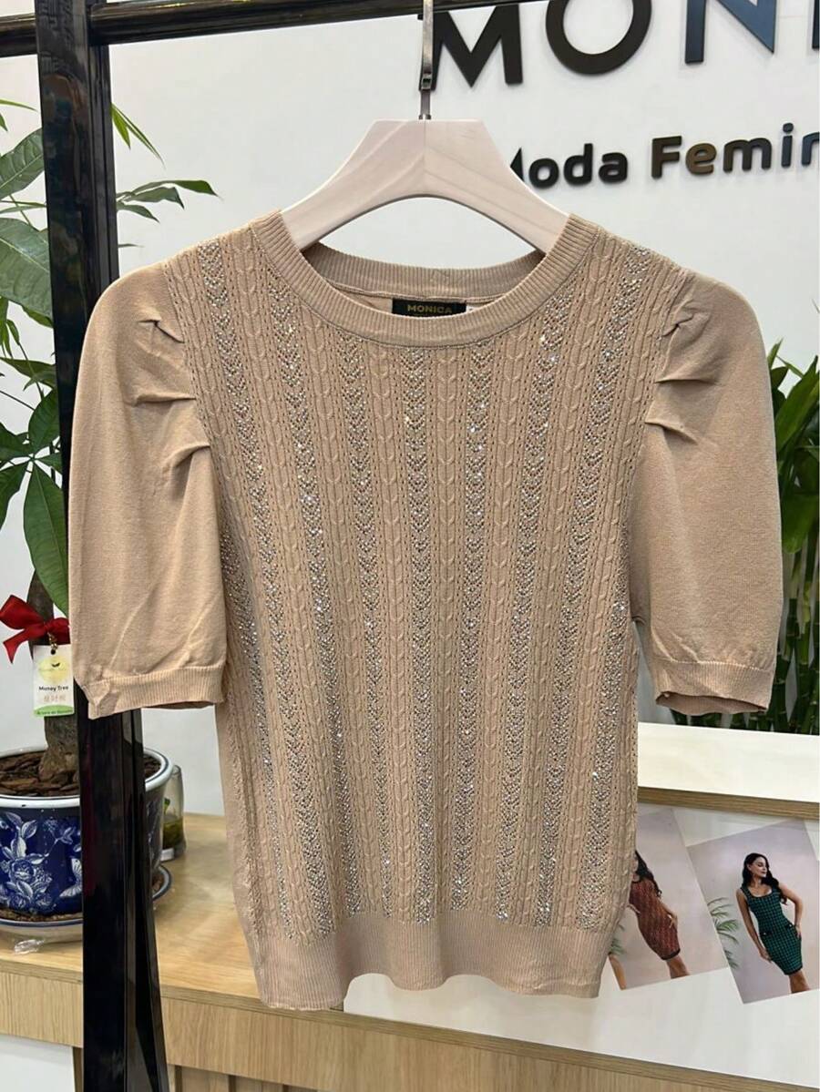 Sweater With Shiny Silk Design, Simple And Versatile, Round Neck - Màu Khaki - Xem 1