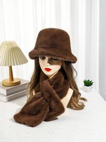 1 Set Sombrero de cubo de piel sintética de visón y bufanda, conjunto de sombrero de cubo de felpa gruesa y cálida para mujer en otoño/invierno, estiloso y estilizador de rostro - B - Ver 4