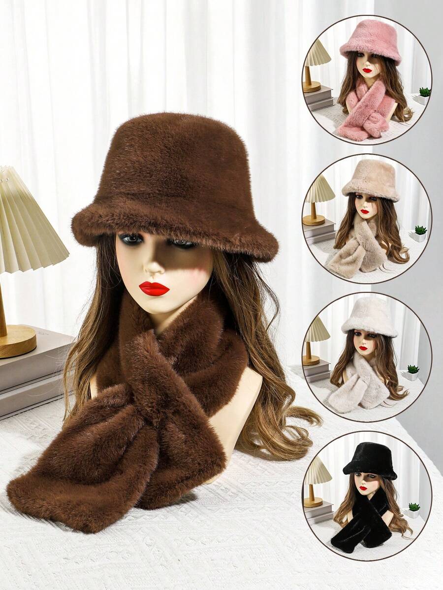 1 Set Sombrero de cubo de piel sintética de visón y bufanda, conjunto de sombrero de cubo de felpa gruesa y cálida para mujer en otoño/invierno, estiloso y estilizador de rostro - B - Ver 1