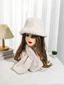 1 Set Sombrero de cubo de piel sintética de visón y bufanda, conjunto de sombrero de cubo de felpa gruesa y cálida para mujer en otoño/invierno, estiloso y estilizador de rostro - B - Ver 7