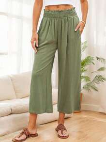 Women Capri Pants High Waisted Wide Leg Palazzo Trousers Pull On Elastic Smocked Waist Loose Pants - 綠色 - 查看 5