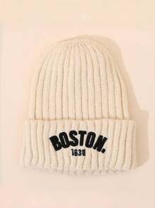 1pc Solid Color Letter Printed Baby Beanie Hat, Vintage Embroidered Boston Warm Knit Cap For Toddler Girl Boy - 1PC - View 6