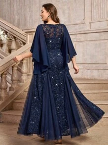 Đầm dạ hội dáng đuôi cá thanh lịch với tay áo cánh bướm, chất liệu chiffon, họa tiết hoa, đính sequin và ren, phối màu tương phản, chất liệu lưới, thích hợp cho các buổi tiệc khiêu vũ, đám cưới, mùa đông, năm mới, lễ tốt nghiệp, tiệc chiêu đãi, lễ hội và các dịp khác. - Màu xanh hải quân - Xem 3
