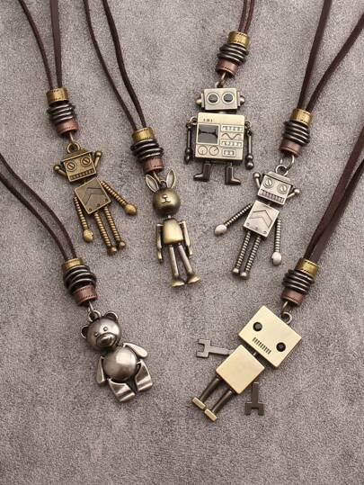 1pc Personalized Retro Metal Punk Necklace For Men, With Movable Hands & Feet, Creative Diamond Inlay Oil Drip Square, Robot, Rabbit Or Teddy Bear 3D Alloy Pendant, Beaded Chain With Adjustable Length, Couple Jewelry