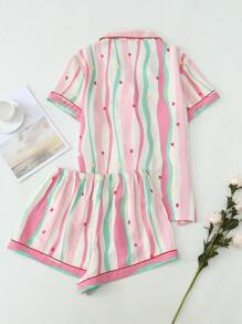 Bộ đồ ngủ 2 món cho nữ, áo ngắn tay cài nút cổ bẻ dễ thương và quần short, đồ ngủ thường ngày mùa hè, bộ đồ hai mảnh - Hồng - Xem 2